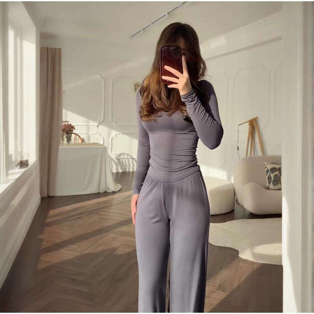 Summer New Women's Round Neck Solid Color Wide Leg Pants Commuter Casual Set For Women B5