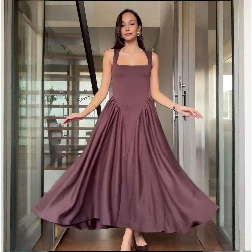 Summer New Women's Fashion Square Neck Sexy Sleeveless Ruched Elegant Slim Dress B5