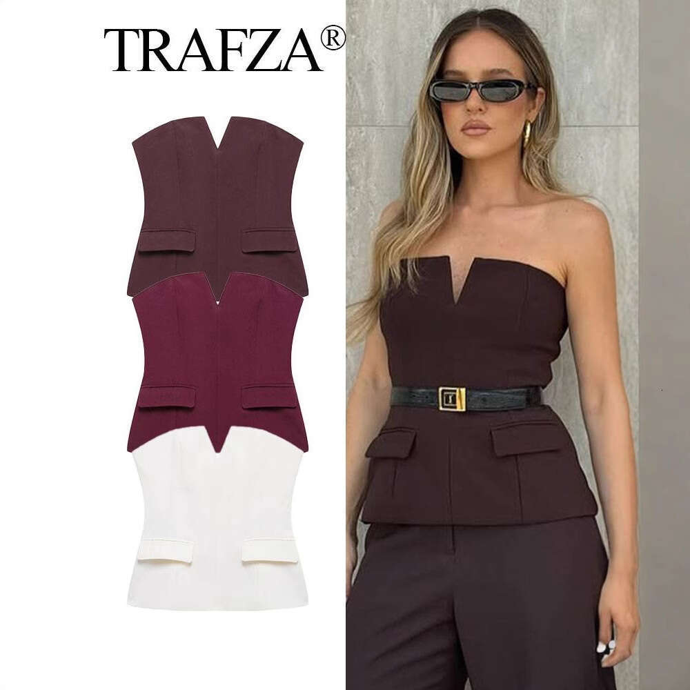 TRAFZA New SHEIN Pullover V-Neck Sleeveless Women's Spring Sexy Short Vest Tube Top B5