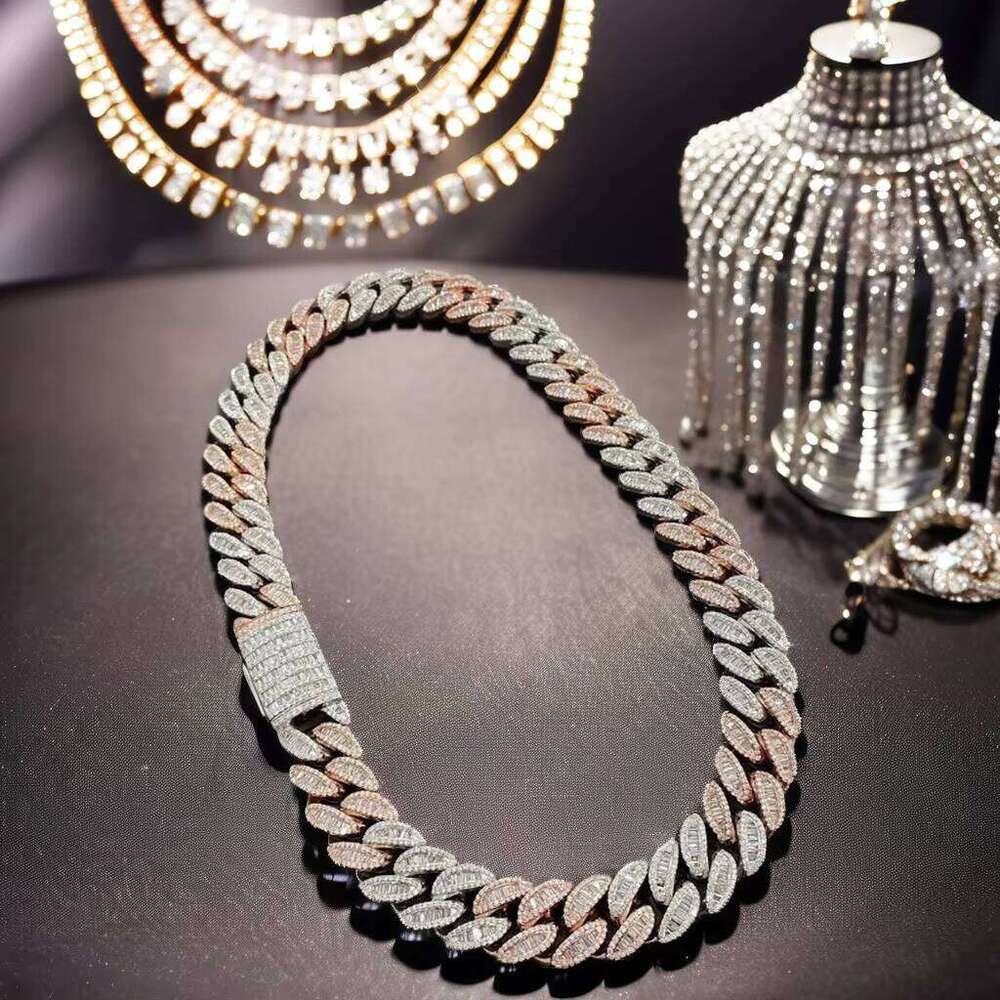 Top jewelry necklace20 MM Iced Out Moissanite Baguette & Round Dia Studded Link Hip Hop Style Miami Cuban Chain for Men Women Gift Idea