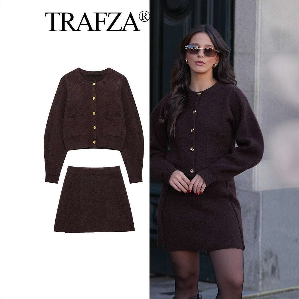 TRAFZASHEIN Women's Round Neck Long Sleeve Knitted Jacket High Waist Mini Skirt Casual Set B5