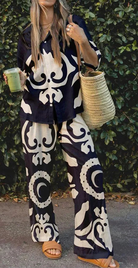 Summer Women Single Bretted Lapel Short Sleeve Top and Wide Legs Trousers Set Printed Shirt Trousers Vacation Style Set 250714