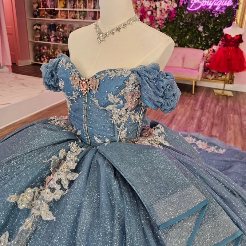 Blue Shiny Quinceanera Dresses Ball Gown Off The Shoulder Beading Applique Lace Tull Corset Party Birthday Sweet 16 Dress Vestidos 15 Anos