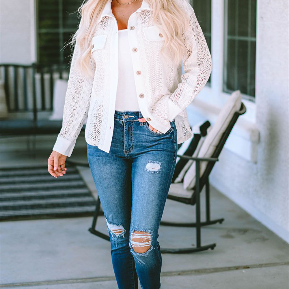 hot Free shipping designer for women Collar fake pocket button long sleeved hollow shirt loose casual solid color top coat