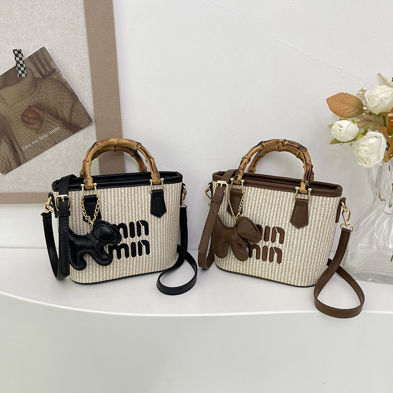 Designer Handbag for Women High-End New Trendy Bucket Straw Woven Bamboo Tote Beach Shoulder Light Luxury Women's Bag