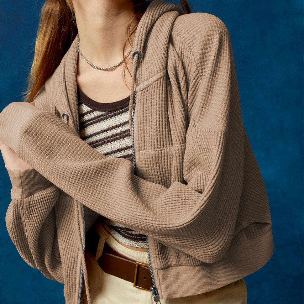 new Free shipping designer for women Casual hoodie women hooded zipper cardigan waffle solid color short jacket
