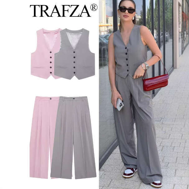 TRAFZA Autumn Versatile Fashion New Tie Strap Vest + Double Pleated Pants Women's Clothing B5