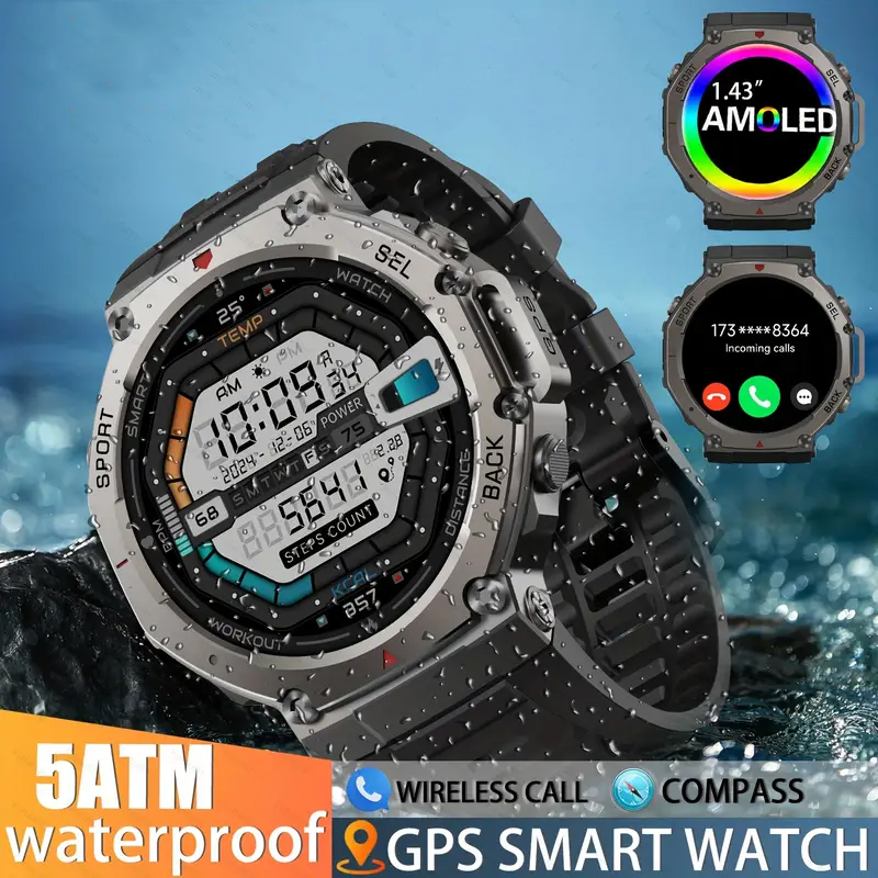 DM58 Men's 1.43inch AMOLED Screen BT Call Positioning System Compass Outdoor Tracker GPS Sports Smart Watch
