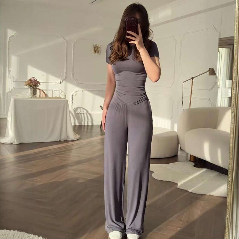 Summer New Women's Round Neck Solid Color Wide Leg Pants Elegant Commuting Fashion Set B5