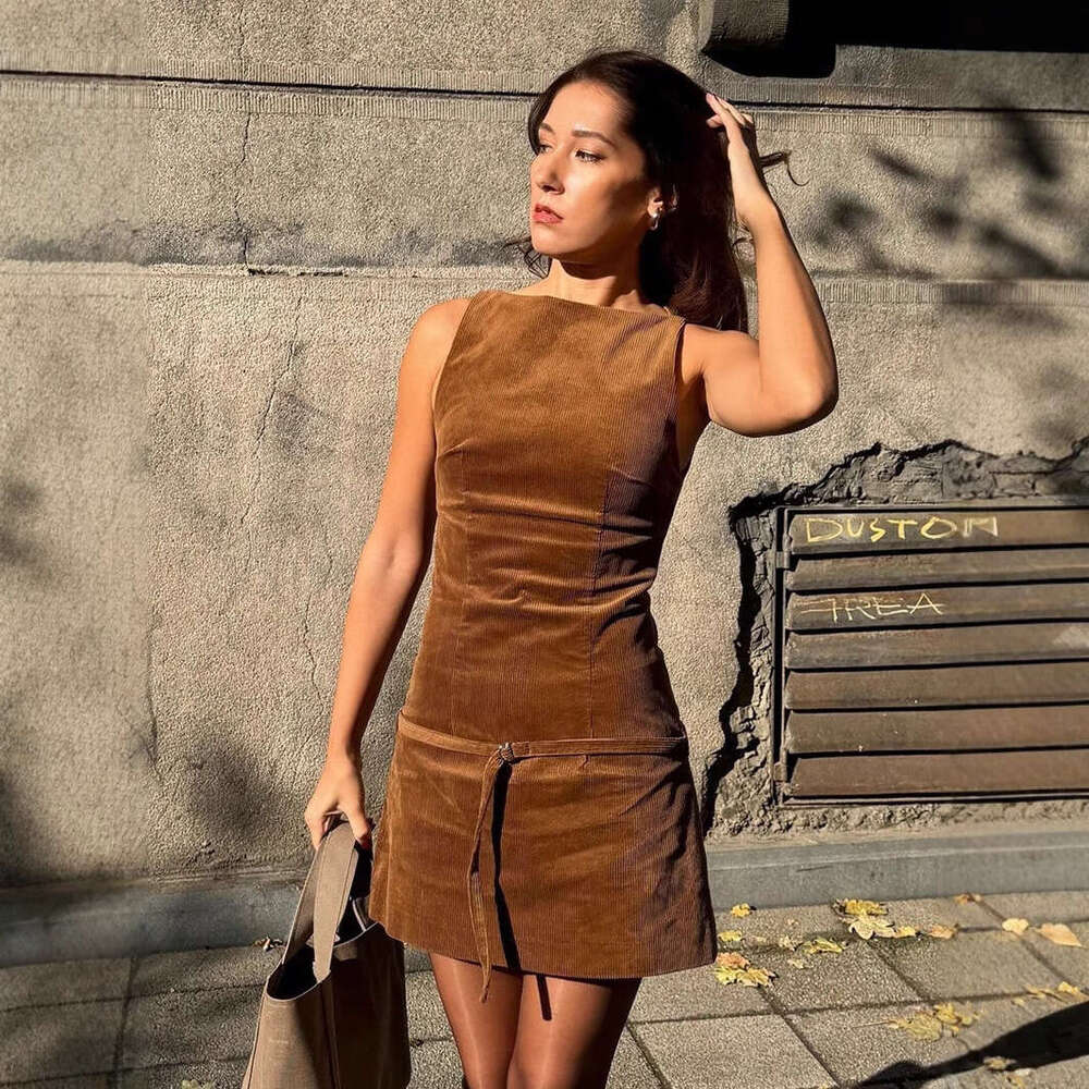 TRAFZA Spring And Autumn New Women's Fashion Hot Girl Belted Corduroy Dress B5