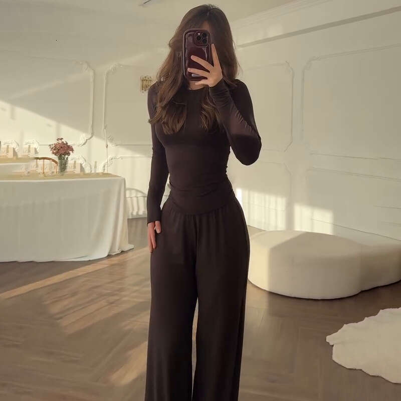 Summer New Women's Round Neck Solid Color Wide Leg Pants Elegant Commuting Fashion Set B5