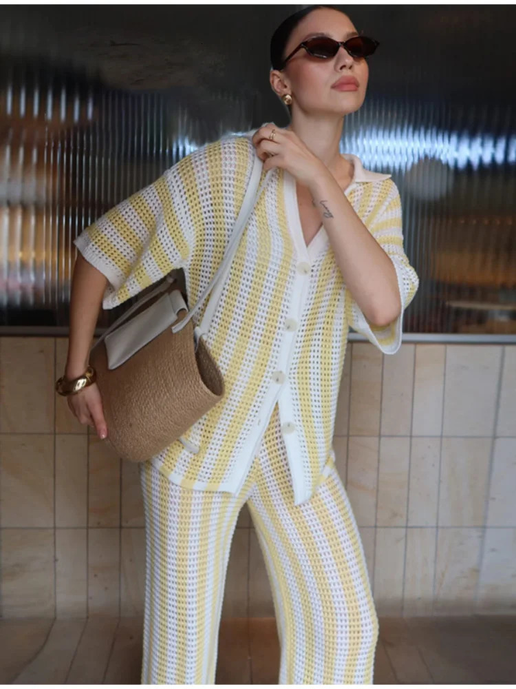 Womens Fashion Knitted Striped Pants Set Casual Lapel Short Sleeve Single Breasted Shirt Wide Leg Trouser Lady Chic Outfit 250714