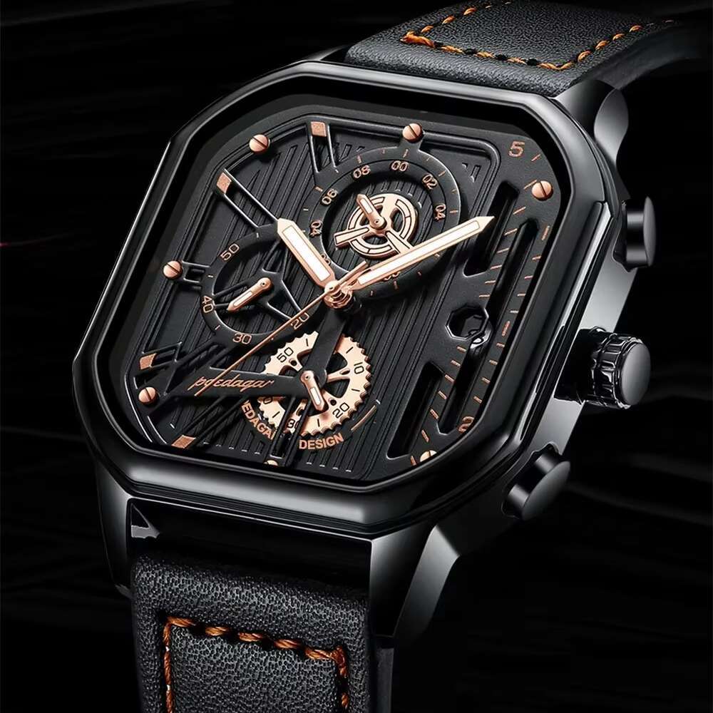 DHwatches Men's Square Chronograph Watch - 50M Waterproof Leather Strap Quartz Wristwatch with Date & Luminous (Model 628)