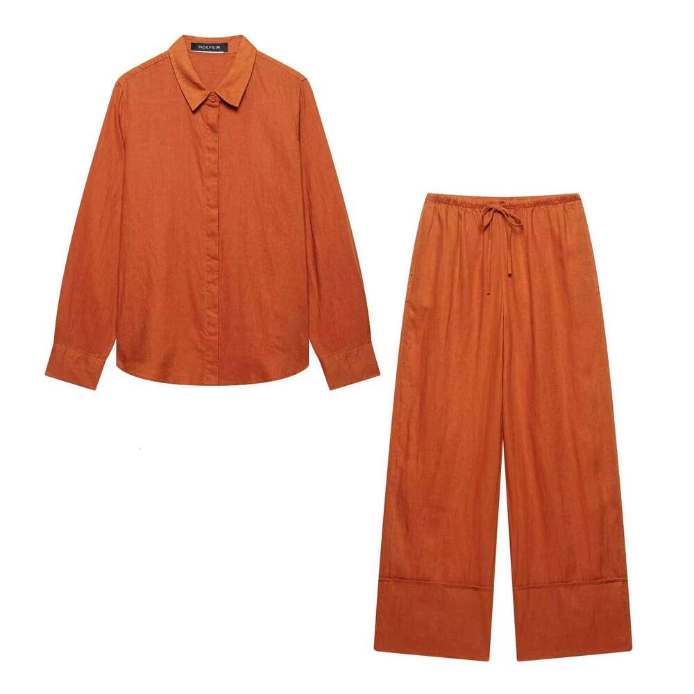 TRAFZA Spring Summer New Style Women's Fashion Casual Turn-Down Collar Long Sleeve Shirt Wide-Leg Pants Set B5