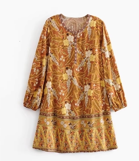 Cockcomb Cotton Bohemian Dress Women Long Sleeve Spring Autumn Beach Purple Short Floral Print Casual 210427