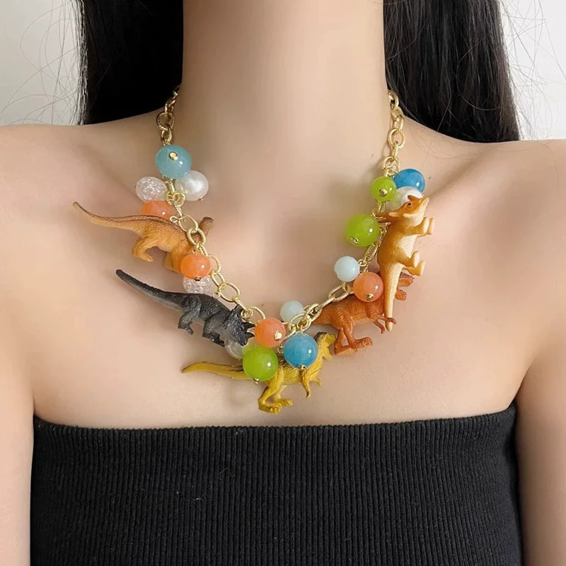 Exaggerated Three-Dimensional Color Dinosaur Pendant Necklace for Men Women Sweet Cool Fashion Trend Beaded Necklace 250711