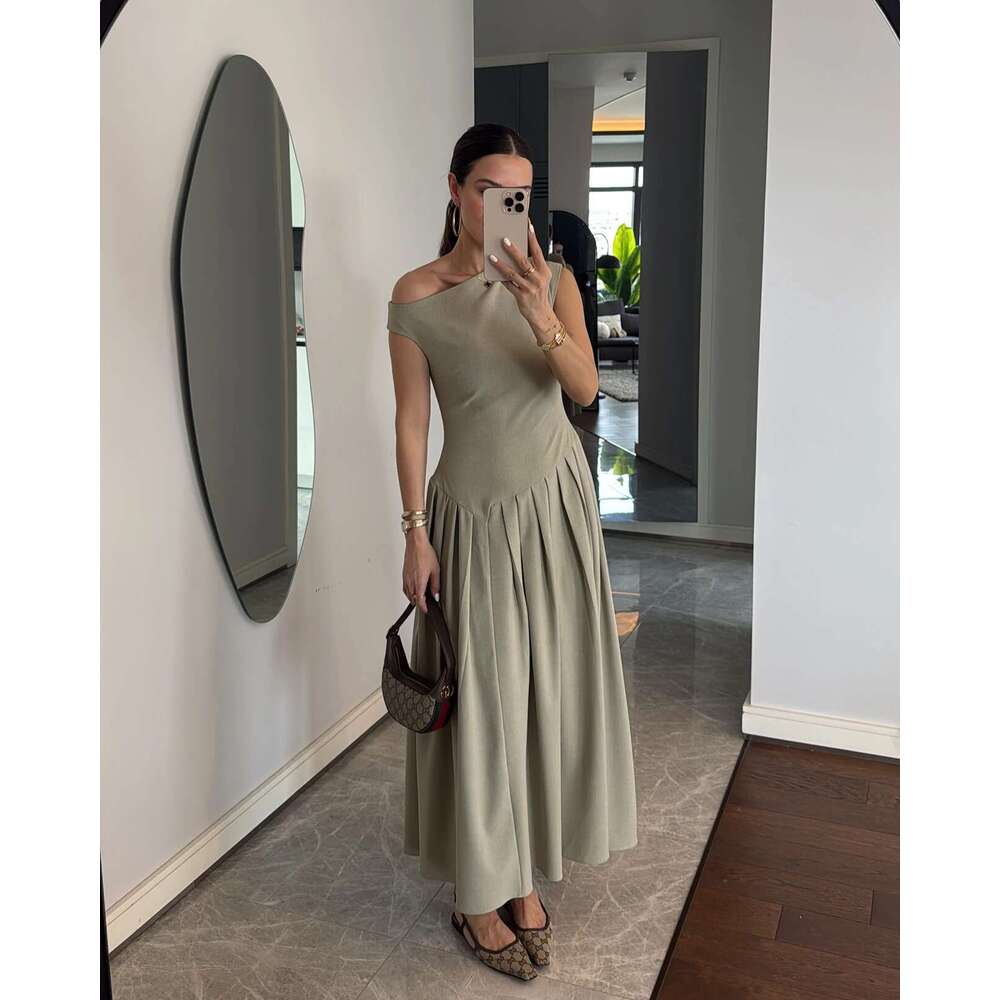 Summer New Style Asymmetrical Shoulder Patchwork Solid Color Sexy Women's Slim Fit Dress B5