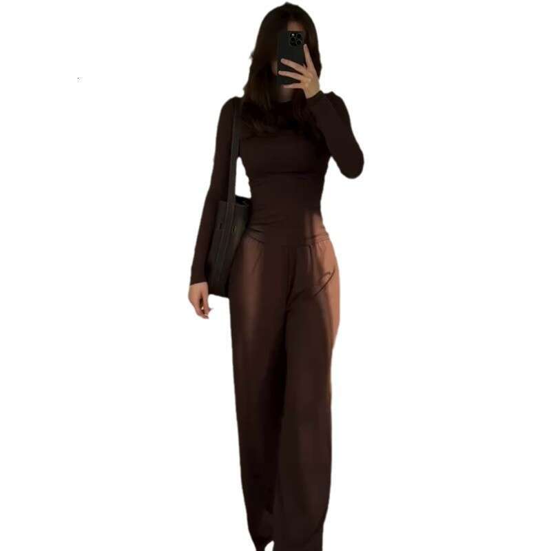 Summer New Women's Round Neck Solid Color Wide Leg Pants Elegant Commuting Fashion Set B5