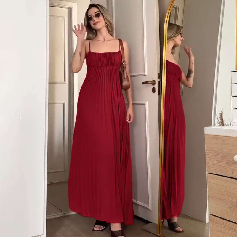 Summer New Style Strap Women Sexy Slim Fit Elegant Pleated Dress B5