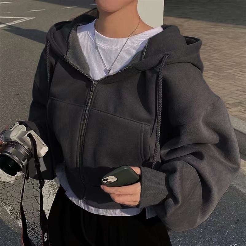 Autumn Winter Hooded Hoodie Casual Streetwear Zip Up Sweatshirts Long Sleeve Jackets Harajuku Y2K Crop Tops Hood Shirt 250714