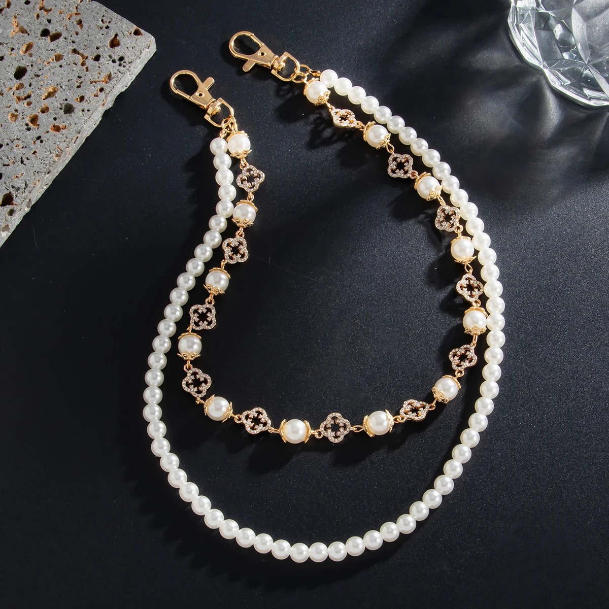 Ingemark Fashion Imitation Pearl Rhinestone Flower Jeans Pants Chain For Men Vintage Gold Color Wallet Key Chain Hip Hop Jewelry 250714