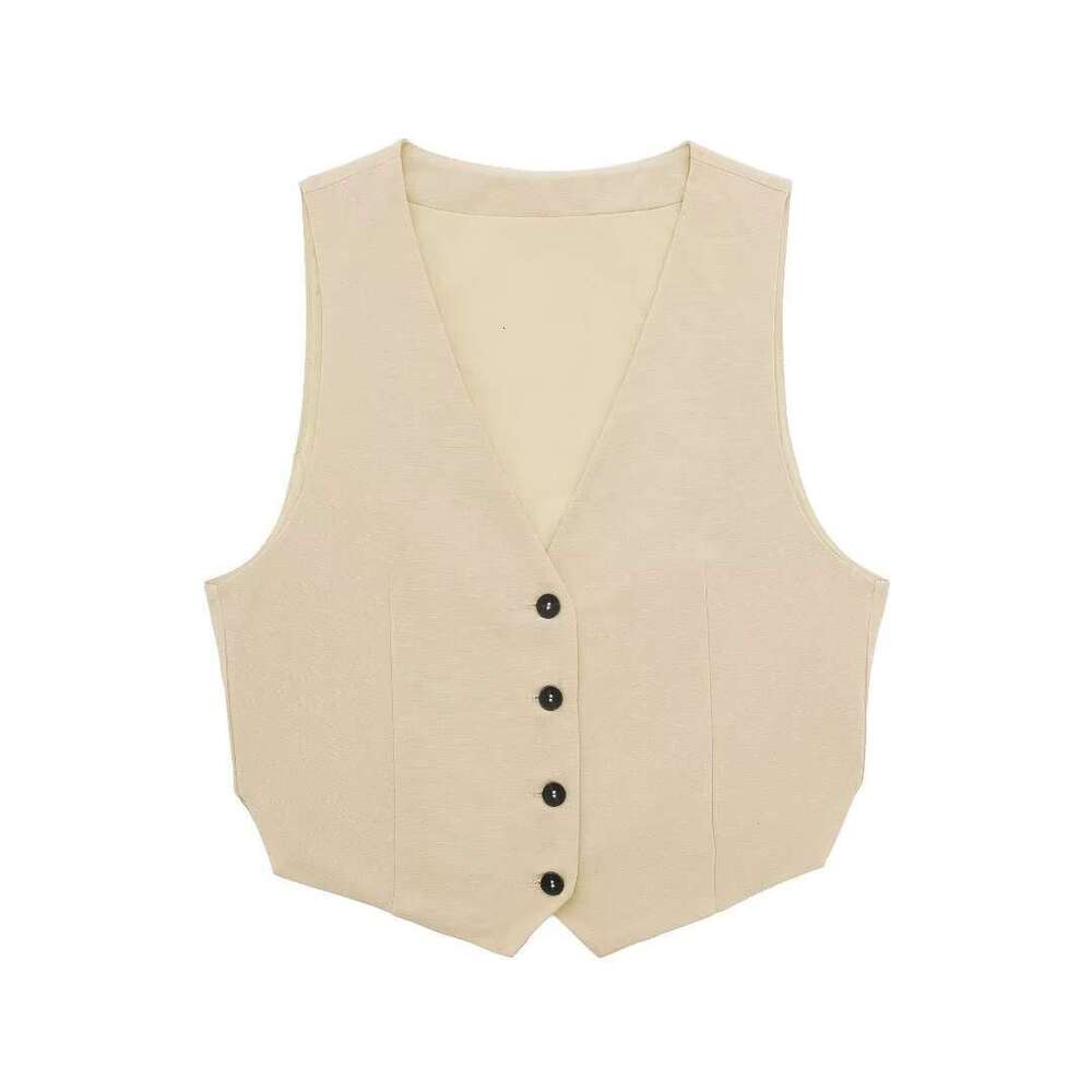 TRAFZA Summer New Casual Women's Outfit With Split Vest And Linen Shorts Set B5