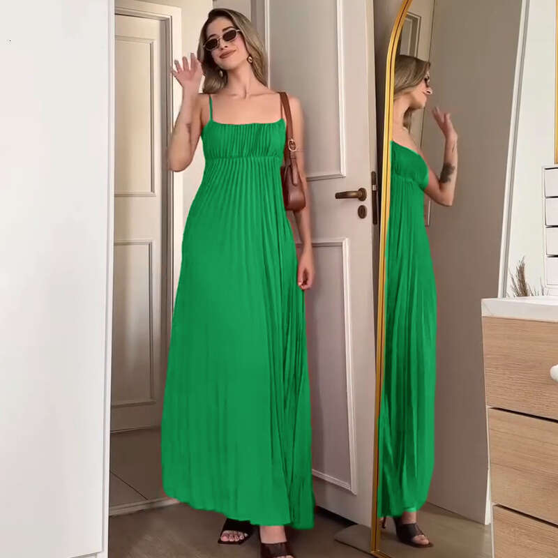 Summer New Style Strap Women Sexy Slim Fit Elegant Pleated Dress B5