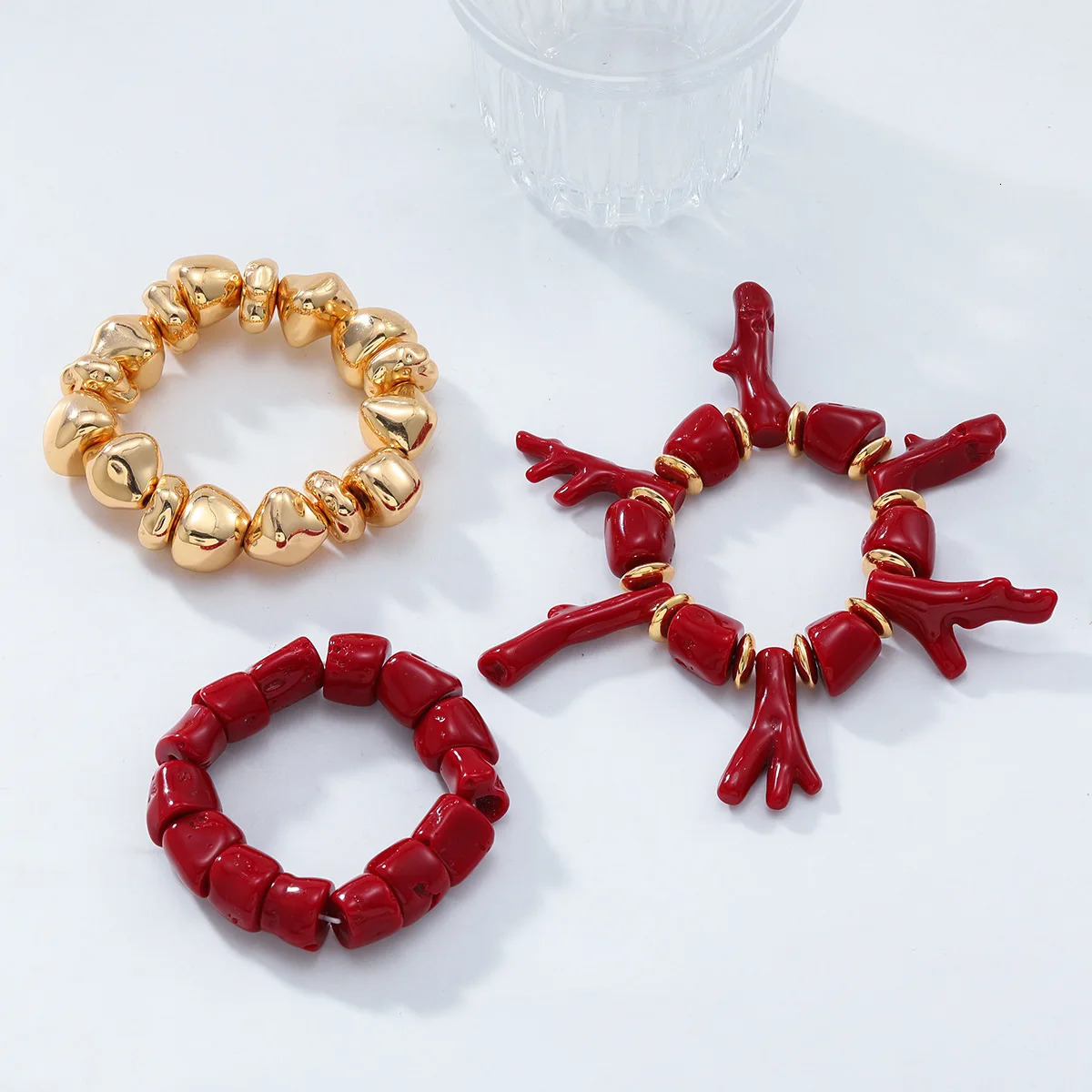 ZAA Exaggerated Summer Vacation Style Red Coral Bracelet 3-Piece Set 250711