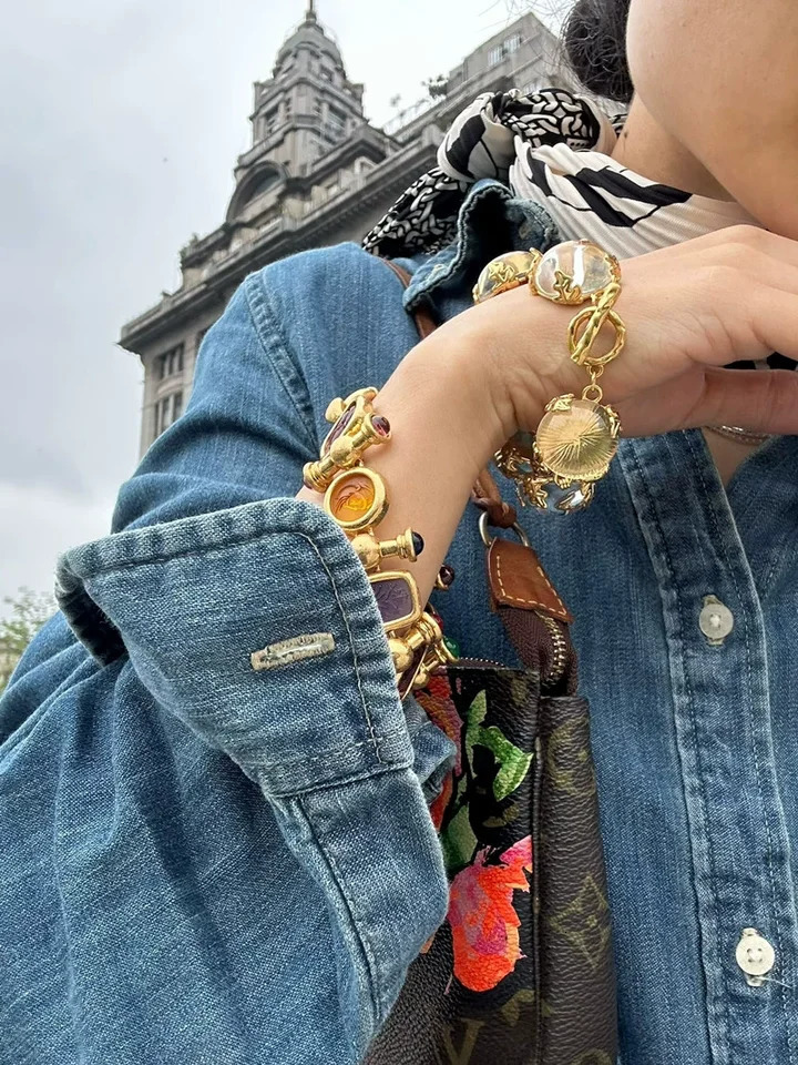 Brass Statement Chunky Colorful Retro Beads Bracelet Women Jewelry T Show Runway Gown Rare INS Japan Korean Trendy 250711