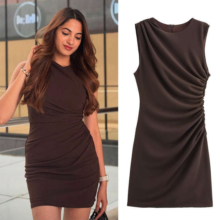 TRAFZA Style Spring Summer New Women's Classic Fashion Pleated Decorative Short Dress B5