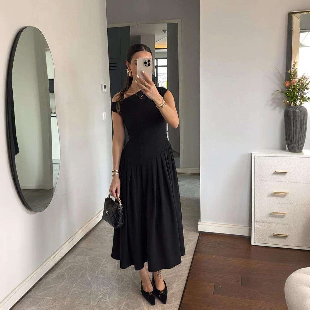 Summer New Style Asymmetrical Shoulder Patchwork Solid Color Sexy Women's Slim Fit Dress B5