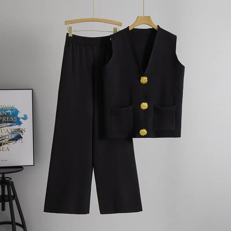 Fashion Large Gold Button Vest Knitted Suit V Neck Single Breasted colorful Knit Top Wide Leg Pants 2 Piece Set Women Outfit 250714