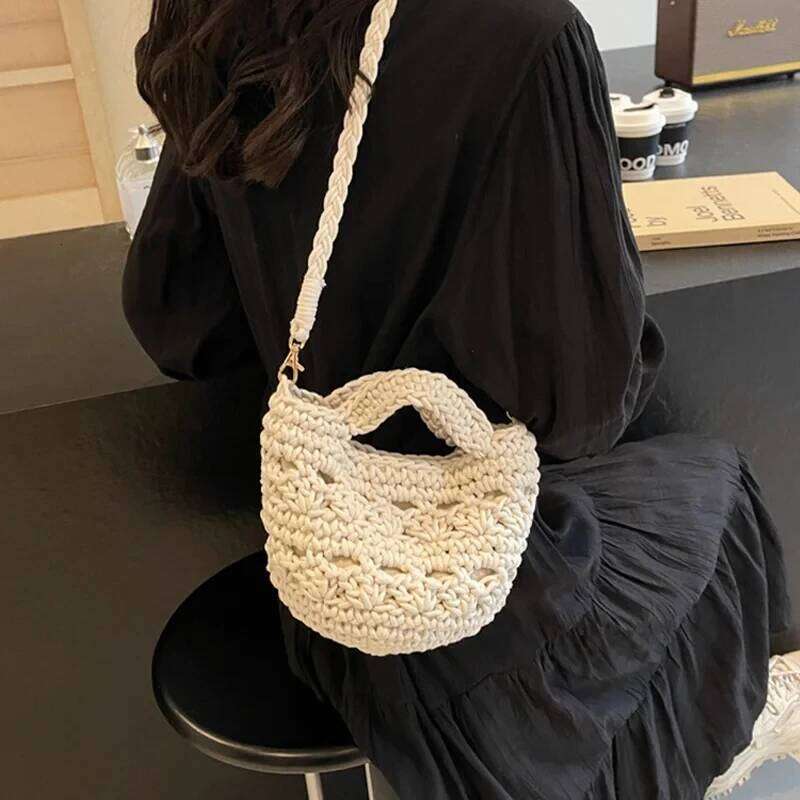 Women's Knitted Shoulder Bag Crossbody Handbag Fashion Korean Girl Casual Crochet Cotton Rope Weaving Mobile Phone Bags