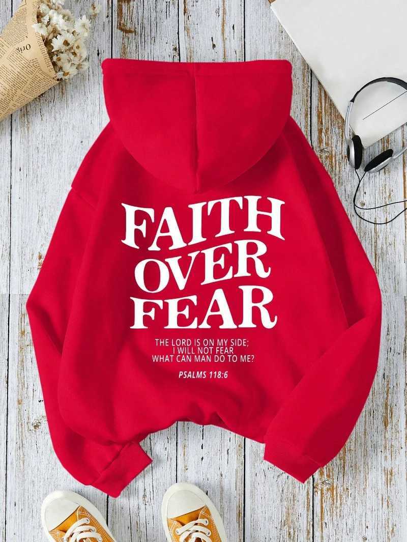 Casual Womens Hoodies Faith Over Fear Letter Printing Sweatshirts Fleece Warm Comfortable Pocket Pullovers Autumn Streetwear X2507151