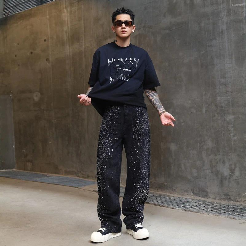 Men's Jeans Men Crystal Denim Loose Rhinestone Black Pants Punk Luxurious Design Hip Hop Streetwear Straight Trousers