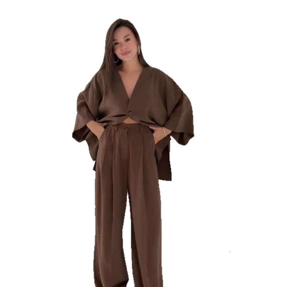 Spring New Women's Belt Solid Color Wide-Leg Pants Elegant Commuter Fashion Set B5