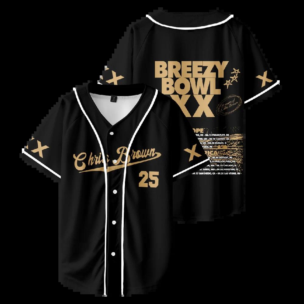 Chris Brown Breezy Bowl XX Tour 2025 Cardigan Buttons Baseball Jersey T-shirt Short Sleeve Graphic Tees Unisex Rap Hip Hop Tops