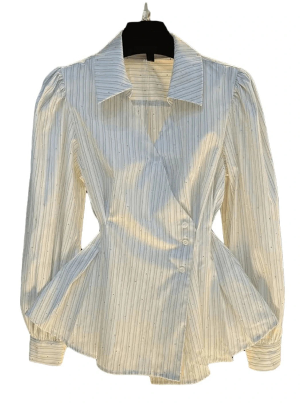 French Striped Long Sleeved Shirt Women Autumn 2025 Elegant Turndown Collar Waist Cinched Top Temperament Dress Hemline Blouse 250714