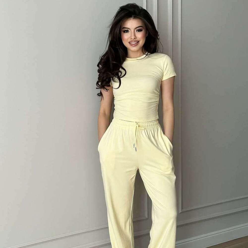 Spring New Women's Round Neck Long Sleeve Wide Leg Pants Elegant Commuter Set B5