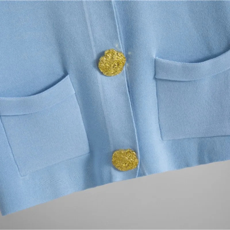 Fashion Large Gold Button Vest Knitted Suit V Neck Single Breasted colorful Knit Top Wide Leg Pants 2 Piece Set Women Outfit 250714