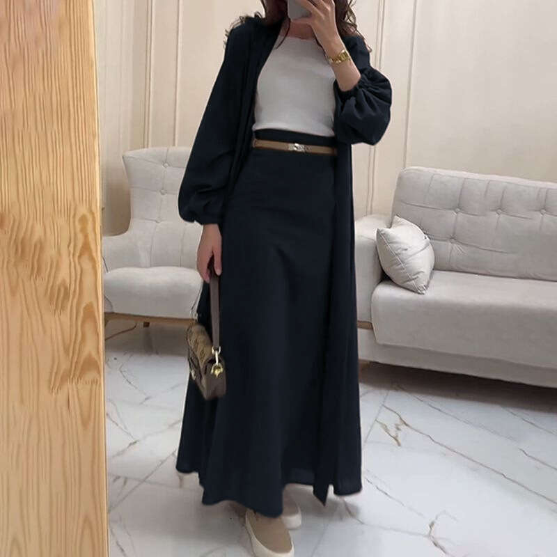Women's Satin Puff Sleeve Dubai Elegant Cardigan Robe Tie Half Two-Piece Set B5