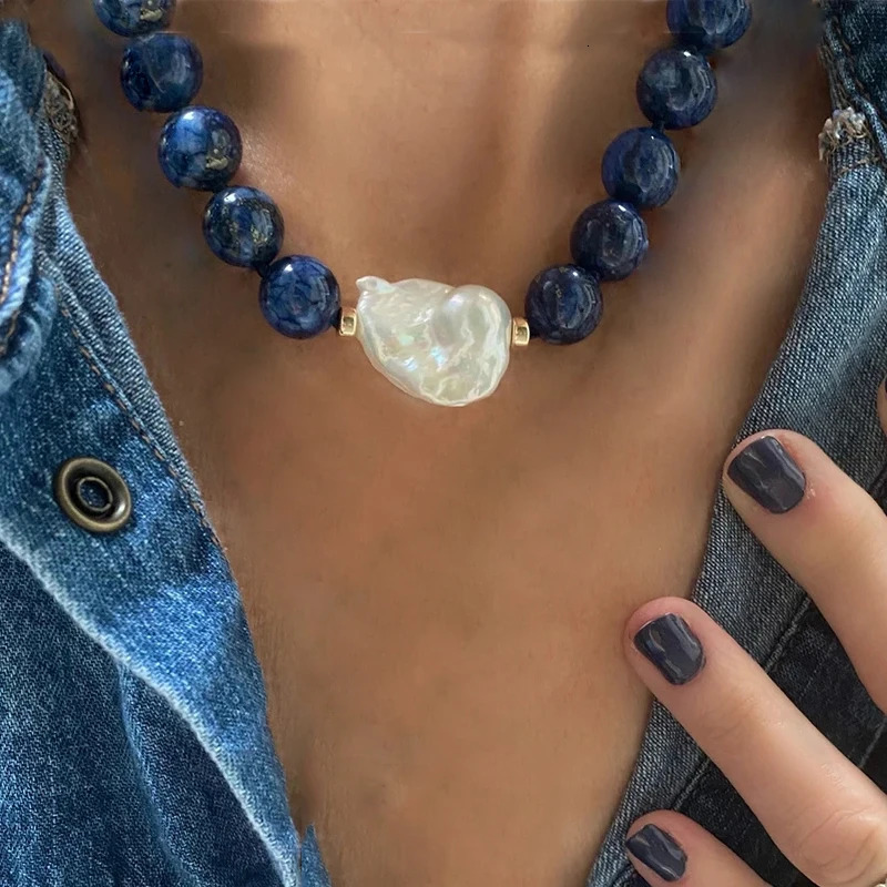 Fashion Classic Natural Pearl Sodalite Necklace Man Women Retro Charm Horse Coin Pendant Choker Party Banquet Jewelry Accessory 250711