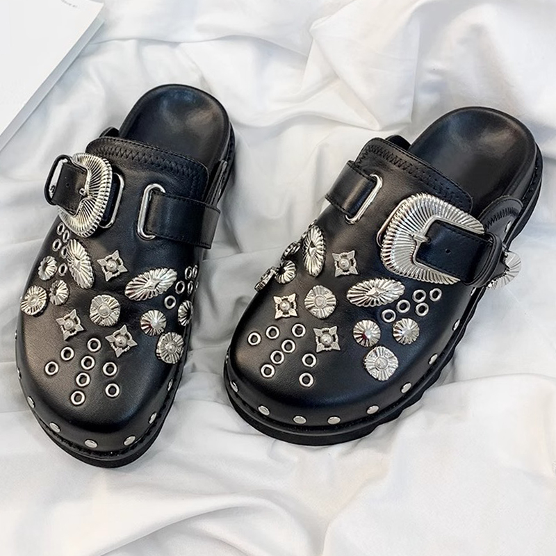 designer sandals retro rivet luxury slides slippers womens sliders summer flats mules sandles outdoor daily platform gothic women shoes size 35-42