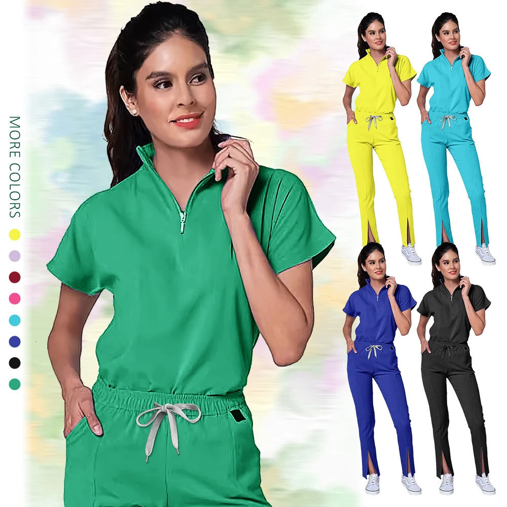 High Quality Nurse Uniform Scrub Set Women Zipper V-Neck Top and Pant Hospital Workwear Doctor Suits Beauty Workwear 250714