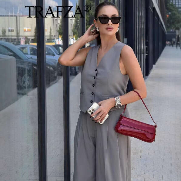 TRAFZA Autumn Versatile Fashion New Tie Strap Vest + Double Pleated Pants Women's Clothing B5