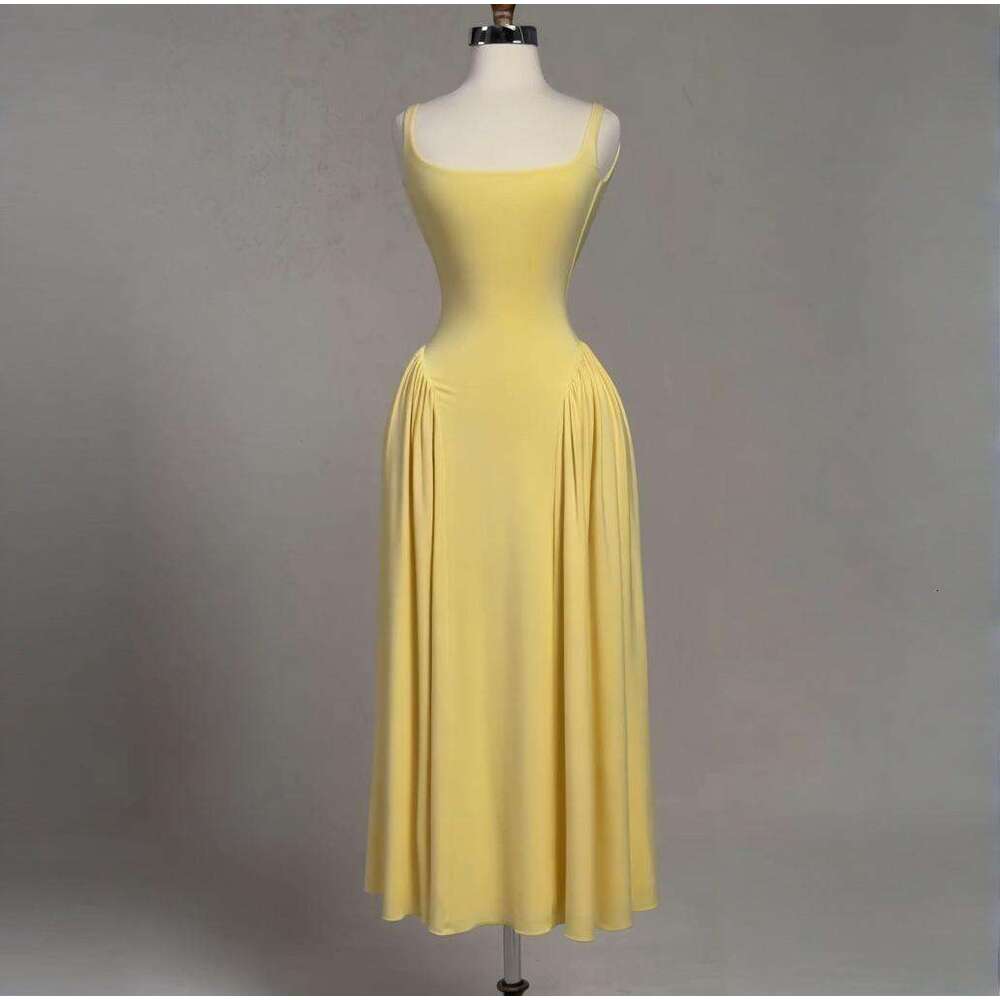Summer New Women's Solid Color Square Neck Elegant Loose Pleated Sleeveless Plus Size Dress B5