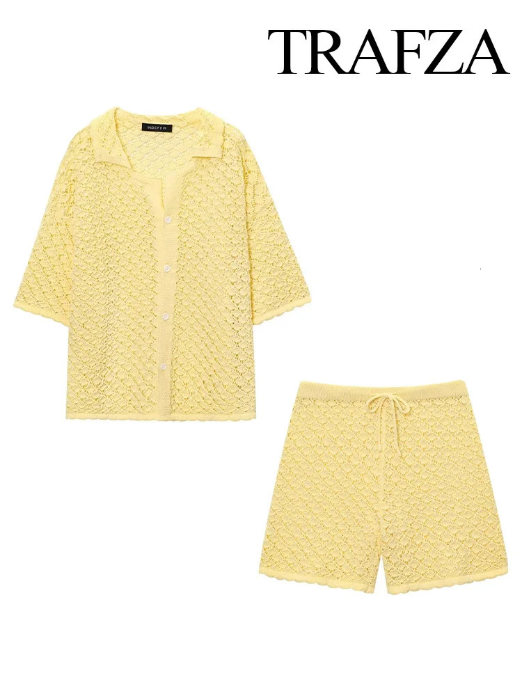 TRAFZA Women 2-Piece Set Knitted Crochet Short Sleeve Lapel Beach Shirt TopSummer Chic Solid High Waist Draw Rope Casual Shorts 250714