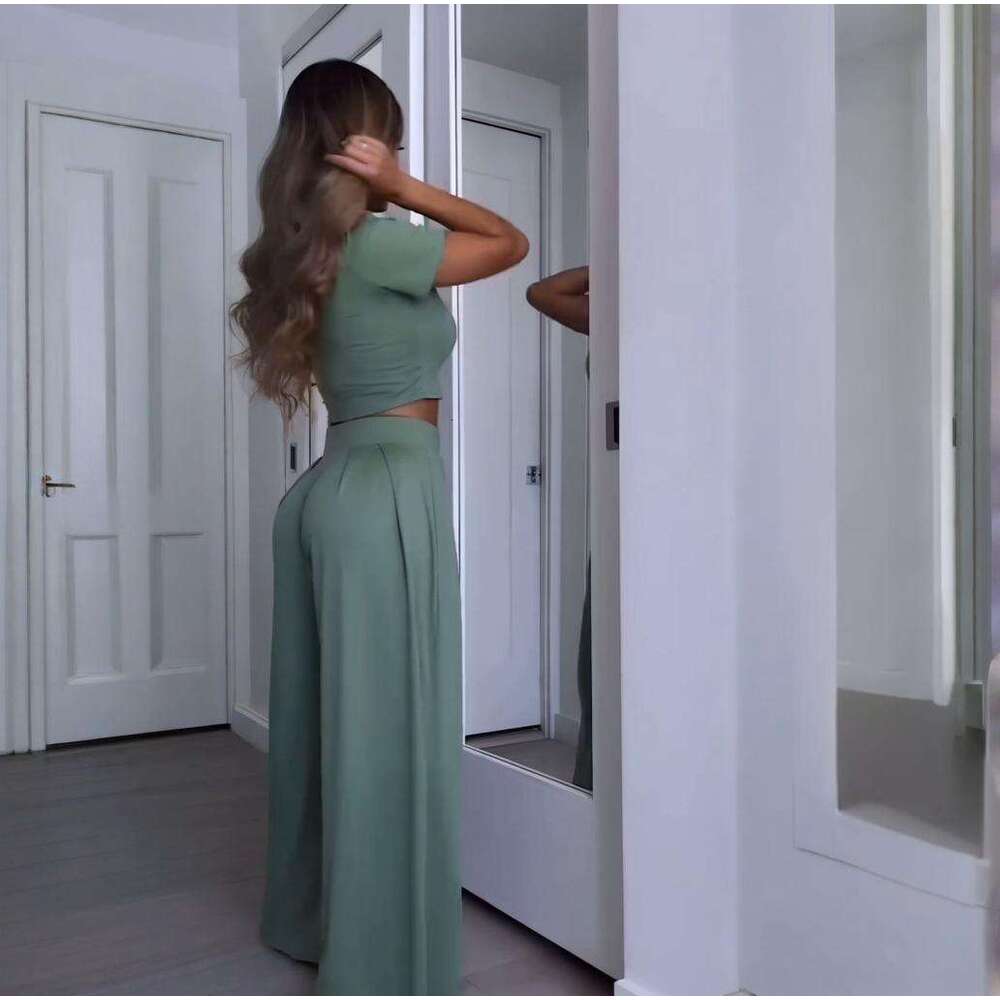 Summer Women's Round Neck Solid Color Sexy Wide Leg Pants Fashion Casual Set For Women B5