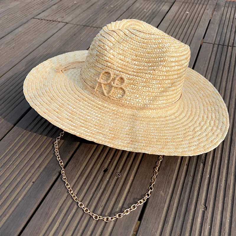 2025 New European American Fashion Design Natural Straw Hat Female Handmade Letter Sun Hat Metal Chain Sunshade Designer Hat W250715