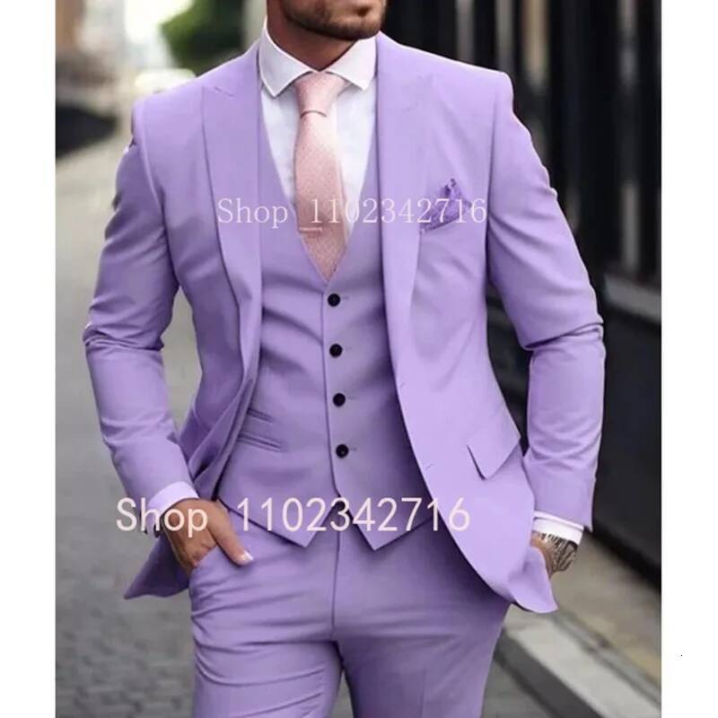 Pink Men Suits 2024 Slim Fit 3 Piece Jacket Pant With Vest Groom Wedding Tuxedo Costume Homme Formal Ocn Terno